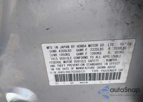 2005 Acura Tsx from USA, damaged, VIN JH4CL96875C000121